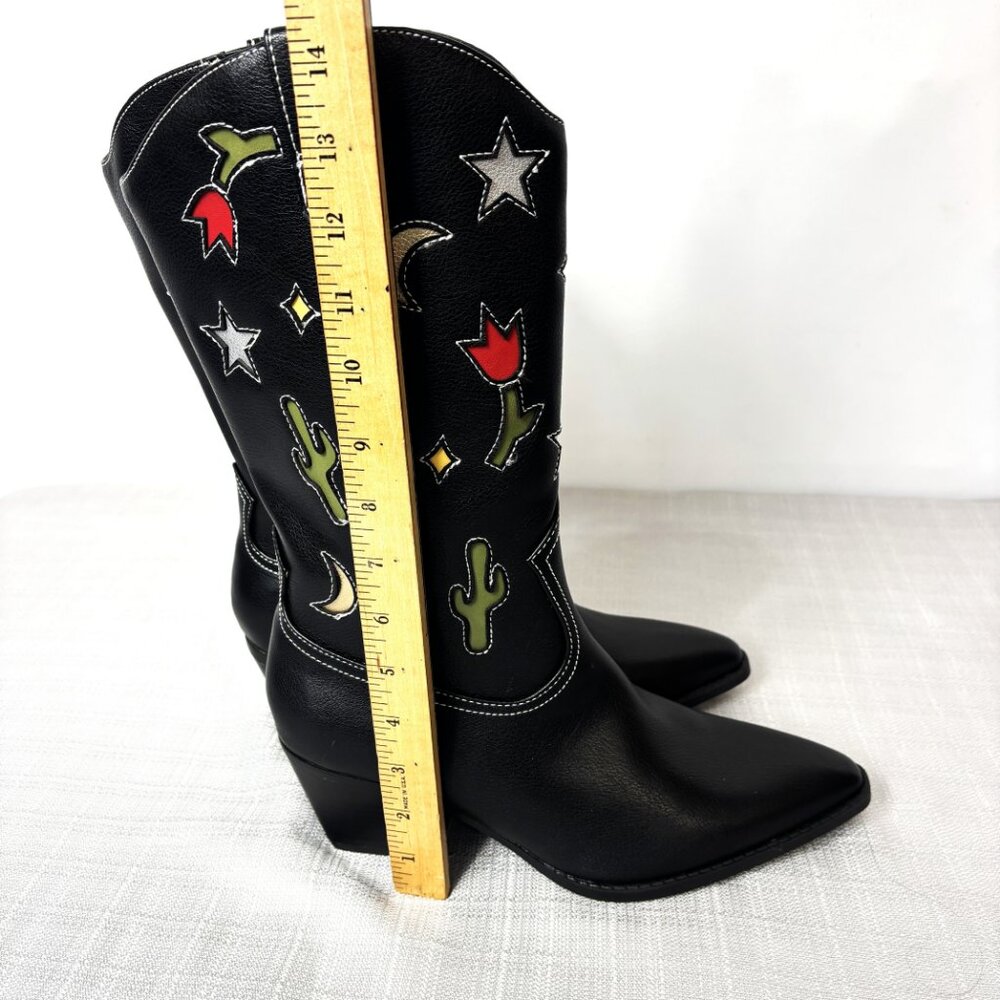 No Boundaries Blk Cowboy Boots w/ western motif cut out Faux Leather Heels NWOT - Picture 9 of 13